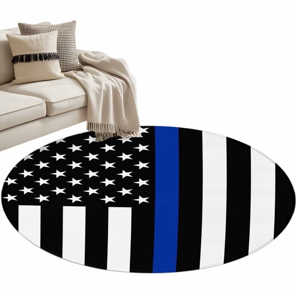 Round Area Rug 3ft, USA Flag Thin Blue Line Star Non-Slip Non-Shedding Floor Mat, America Law Enforcement Flags Washable Sturdy Carpet for Living Room Bedroom Home Decor