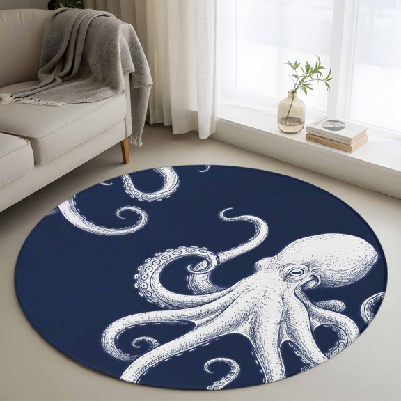 Round Area Rug 3ft, Underwater Ocean Giant Octopus Non-Shedding Washable Area Rug, Navy Blue White Marine Life Non Slip Low-Profile Circle Rugs for Living Room, Bedroom Dining Room