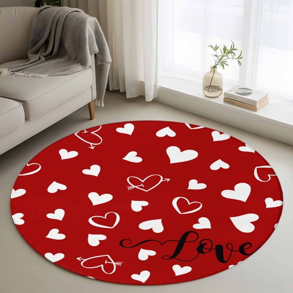 Round Area Rug 3ft, Valentine's Day Red Love Arrows Non-Shedding Washable Area Rug, Romantic Heart Seamless Non Slip Low-Profile Circle Rugs for Living Room, Bedroom Dining Room