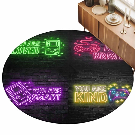 Round Area Rug 3ft Video Game Floor Carpets Indoor Floor Area Mat Stain-Proof Mat Circle Rugs for Living Room Dining Room Kitchen Bedroom, Shiny Gaming Icons Playing Gamer Sofa Throw Carpet