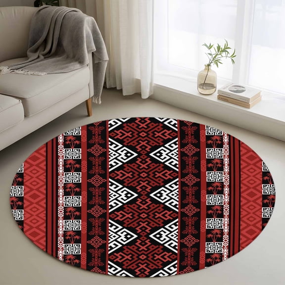 Round Area Rug 3ft,Vintage Aztec Red Geometric Washable Carpet Non-Slip Runner Accent Rugs Indoor Floor Mat for Bedroom Living Room Decor,Southwestern Tribal Pattern