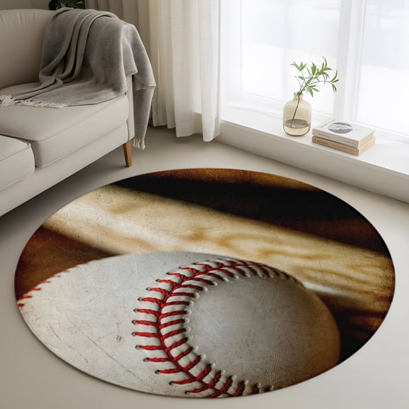 Round Area Rug 3ft Vintage Baseball with Wooden Bat Area Rugs Washable Low Pile Floor Carpet for Bedroom, American Sports Non Slip Soft Rugs for Living Room Entryway Dining Room