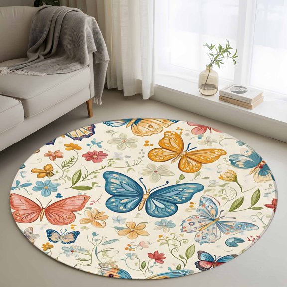 Round Area Rug 3ft Vintage Butterfly Circle Kitchen Mats Non-Slip Spring Flower Leaf Washable Round Carpet for Kitchen Living Room Bedroom Home Decor