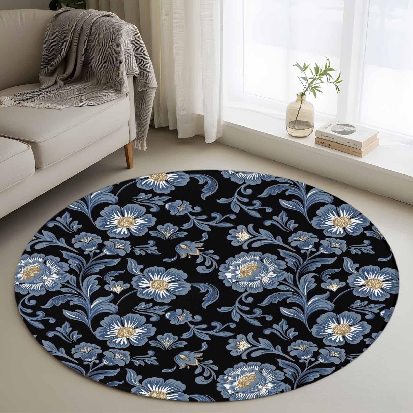 Low Profile Blue Rug Round Area Rug 3ft, Vintage Farm Blossom Flower Non-Shedding Washable ...