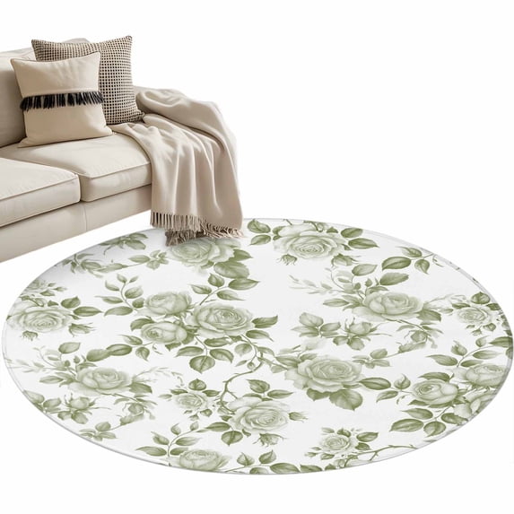 Round Area Rug-3ft Vintage Green Rose Flowers Non Slip Washable Circle Carpet Soft Large Floor Rugs for Living Room Bedroom Nursery Office