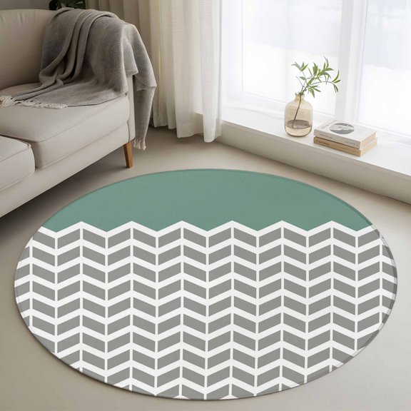 Round Area Rug 3ft Vintage Herringbone Pattern Circle Kitchen Mats Non-Slip Turquoise Grey Washable Round Carpet for Kitchen Living Room Bedroom Home Decor