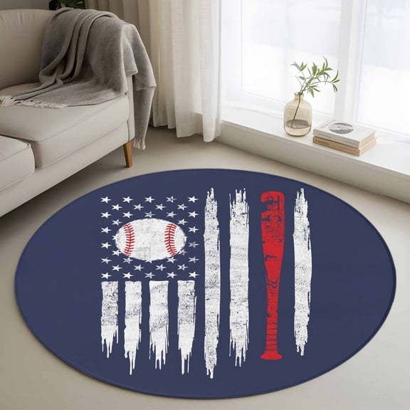 Round Area Rug 3ft, Vintage Navy Blue Baseball Non-Slip Non-Shedding Floor Mat, USA Flag Abstract Washable Sturdy Carpet for Living Room Bedroom Home Decor