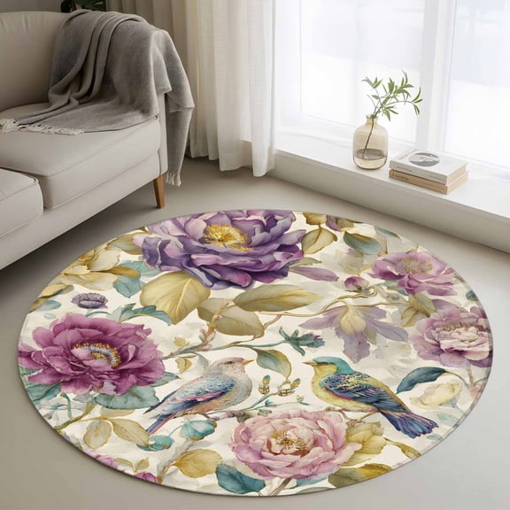 Round Area Rug 3ft Vintage Spring Blossom Flower Area Rugs Washable Low Pile Floor Carpet for Bedroom, Watercolor Bird Gorgeous Floral Non Slip Soft Rugs for Living Room Entryway Dining Room
