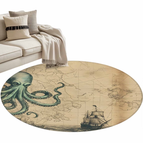 Round Area Rug-3ft Vintage World Map Ocean Octopus Non Slip Washable Circle Carpet Soft Large Floor Rugs for Living Room Bedroom Nursery Office