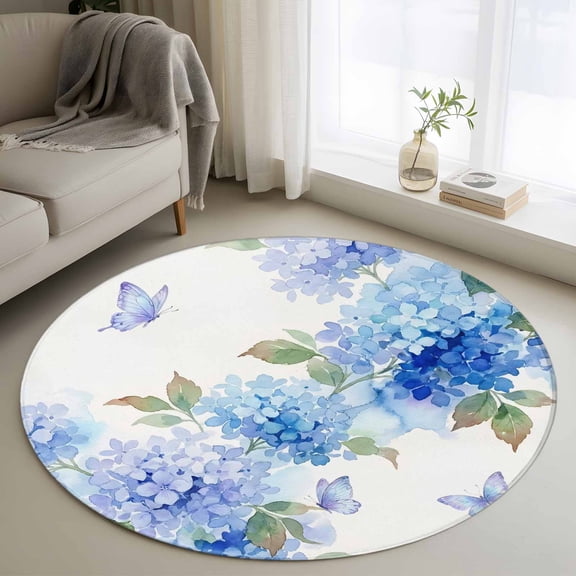 Round Area Rug 3ft, Watercolor Blue Hydrangeas Butterflies Non-Slip Non-Shedding Floor Mat, Pastoral Leaves Washable Sturdy Carpet for Living Room Bedroom Home Decor