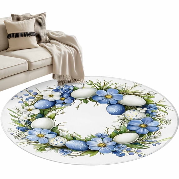 Round Area Rug 3ft, Watercolor Colorful Easter Egg Flower on White Non-Slip Non-Shedding Floor Mat, Spring Leaves Washable Sturdy Carpet for Living Room Bedroom Home Decor