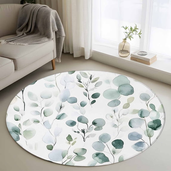 Round Area Rug 3ft, Watercolor Eucalyptus Leaf Non-Shedding Washable Area Rug, Rustic Sage Green Plant Non Slip Low-Profile Circle Rugs for Living Room, Bedroom Dining Room