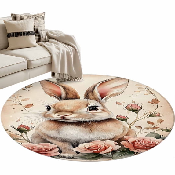 Round Area Rug 3ft, Watercolor Floral Easter Egg Non-Slip Non-Shedding Floor Mat, Pastoral Rose on Retro Backdrop Washable Sturdy Carpet for Living Room Bedroom Home Decor