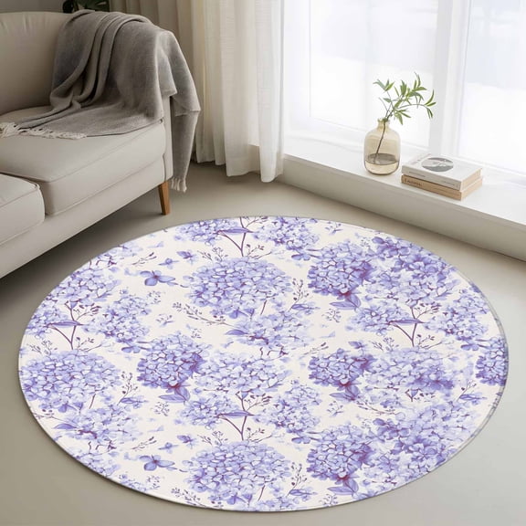 Round Area Rug 3ft,Watercolor Hydrangea Floral Washable Carpet Non-Slip Runner Accent Rugs Indoor Floor Mat for Bedroom Living Room Decor,Purple Flowers