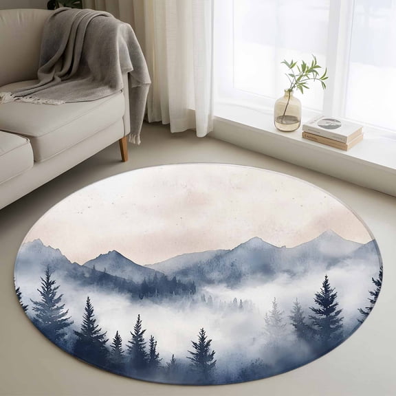 Round Area Rug 3ft,Watercolor Mountain Peak Forest Washable Carpet Non-Slip Runner Accent Rugs Indoor Floor Mat for Bedroom Living Room Decor,Foggy Wild Nature Landscape