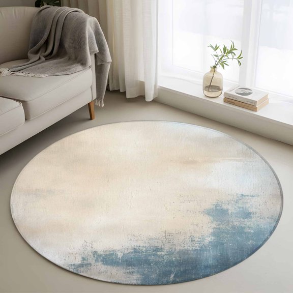 Round Area Rug 3ft Watercolor Ombre off White Blue Circle Kitchen Mats Non-Slip Abstract Oil Painting Washable Round Carpet for Kitchen Living Room Bedroom Home Decor