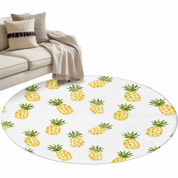 Round Area Rug-3ft Watercolor Pineapple on White Non Slip Washable Circle Carpet Soft Large Floor Rugs for Living Room Bedroom Nursery Office