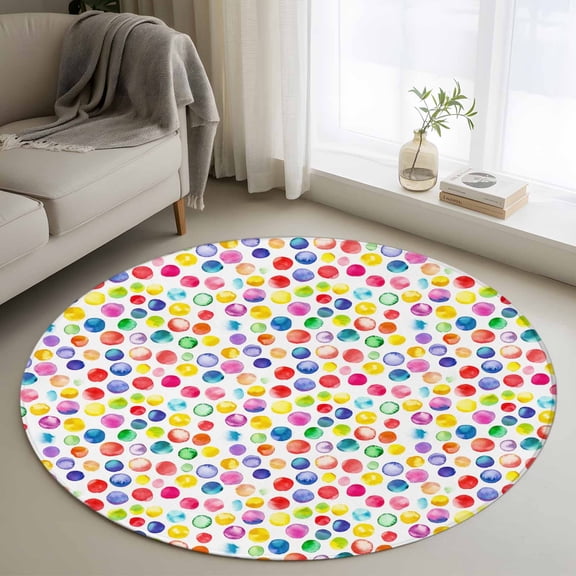Round Area Rug 3ft, Watercolor Rainbow Polka Dots Non-Slip Non-Shedding Floor Mat, Colorful Pattern Washable Sturdy Carpet for Living Room Bedroom Home Decor