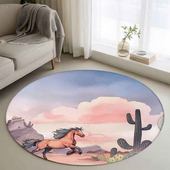 Round Area Rug 3ft,Watercolor Running Horse Cactus Washable Carpet Non-Slip Runner Accent Rugs Indoor Floor Mat for Bedroom Living Room Decor,Desert Hill Ombre Sky