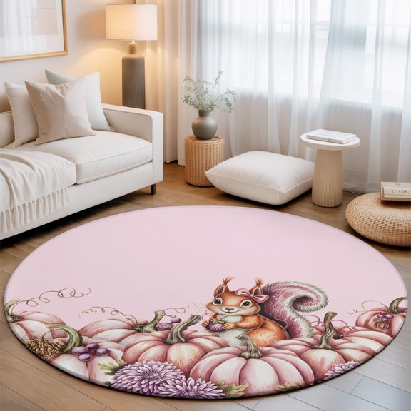 Round Area Rug - 3ft Watercolor Rustic Squirrel Non Slip Washable Circle Carpet Soft Large Floor Rugs for Living Room Bedroom Nursery Office