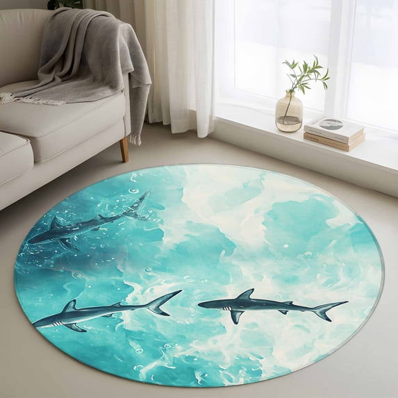 Round Area Rug 3ft, Watercolor Shark on Teal Green Non-Slip Non-Shedding Floor Mat, Summer Ocean Water Washable Sturdy Carpet for Living Room Bedroom Home Decor
