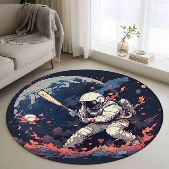 Round Area Rug 3ft, Watercolor Space Man Baseball Sport Non-Slip Non-Shedding Floor Mat, Universe Planet Art Washable Sturdy Carpet for Living Room Bedroom Home Decor