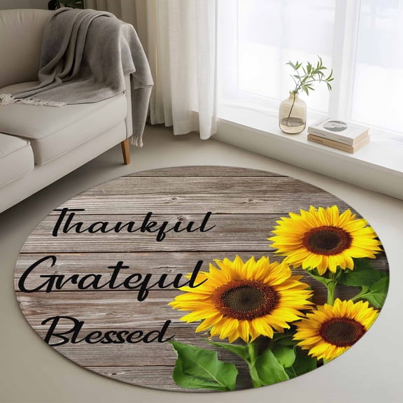 Round Area Rug 3ft,Watercolor Sunflower Farm Vintage Wood Board Washable Carpet Non-Slip Runner Accent Rugs Indoor Floor Mat for Bedroom Living Room Decor,Positive Quote
