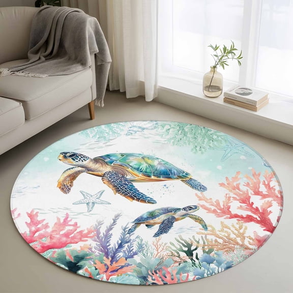 Round Area Rug 3ft Watercolor Teal Turtle Coral Circle Kitchen Mats Non-Slip Starfish Marine Life Washable Round Carpet for Kitchen Living Room Bedroom Home Decor