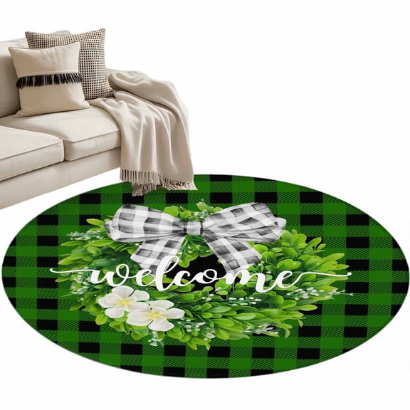 Round Area Rug 3ft Welcome Bow Tie Wreath Floor Carpets Indoor Floor Area Mat Stain-Proof Mat Circle Rugs for Living Room Dining Room Kitchen Bedroom, Flower Farmhouse Green Plaid Sofa Throw Carpet