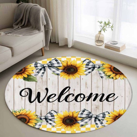Round Area Rug 3ft,Welcome Quote Sunflower Buffalo Bow Washable Carpet Non-Slip Runner Accent Rugs Indoor Floor Mat for Bedroom Living Room Decor,Summer Floral on Wooden