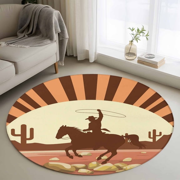 Round Area Rug 3ft, Western Cowboy American Wild West Non-Shedding Washable Area Rug, Cowboys Riding Horse in Desert Non Slip Low-Profile Circle Rugs for Living Room, Bedroom Dining Room
