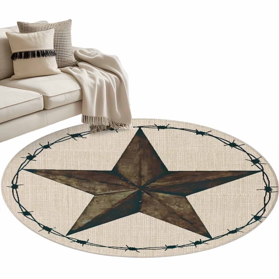 Round Area Rug 3ft Western Texas Star Barn Floor Carpets Indoor Floor Area Mat Stain-Proof Mat Circle Rugs for Living Room Dining Room Kitchen Bedroom, Rustic Retro Linen Sofa Throw Carpet