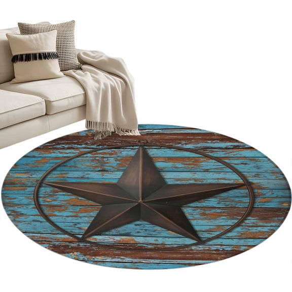 Round Area Rug 3ft Western Texas Star Barn Floor Carpets Indoor Floor Area Mat Stain-Proof Mat Circle Rugs for Living Room Dining Room Kitchen Bedroom, Rustic Teal Wood Grain Sofa Throw Carpet