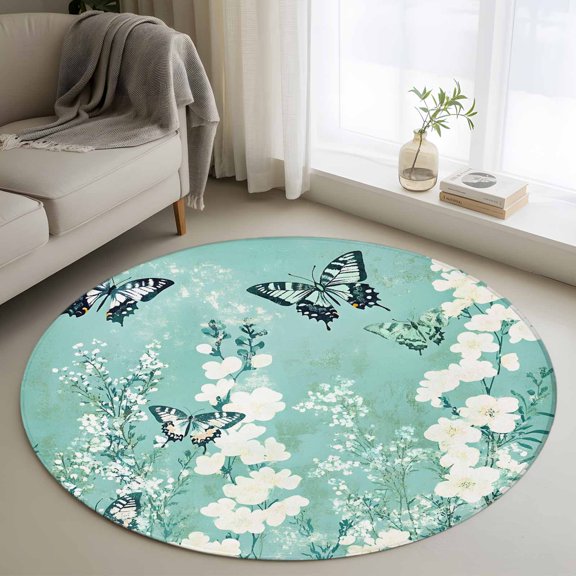 Round Area Rug 3ft White Floral Butterfly Circle Kitchen Mats Non-Slip Teal Flowers Washable Round Carpet for Kitchen Living Room Bedroom Home Decor