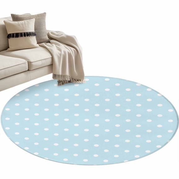 Round Area Rug 3ft, White Polka Dot on Blue Non-Slip Non-Shedding Floor Mat, Modern Minimalist Art Washable Sturdy Carpet for Living Room Bedroom Home Decor