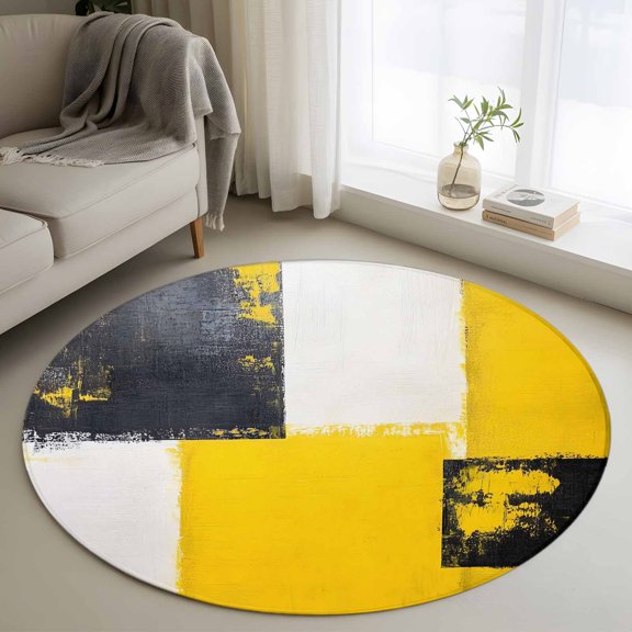 Round Area Rug 3ft Yellow Black Block Circle Kitchen Mats Non-Slip Abstract Art Washable Round Carpet for Kitchen Living Room Bedroom Home Decor