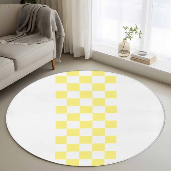 Round Area Rug 3ft Yellow Check Plaid Circle Kitchen Mats Non-Slip Buffalo Farmhouse Style Pattern Washable Round Carpet for Kitchen Living Room Bedroom Home Decor