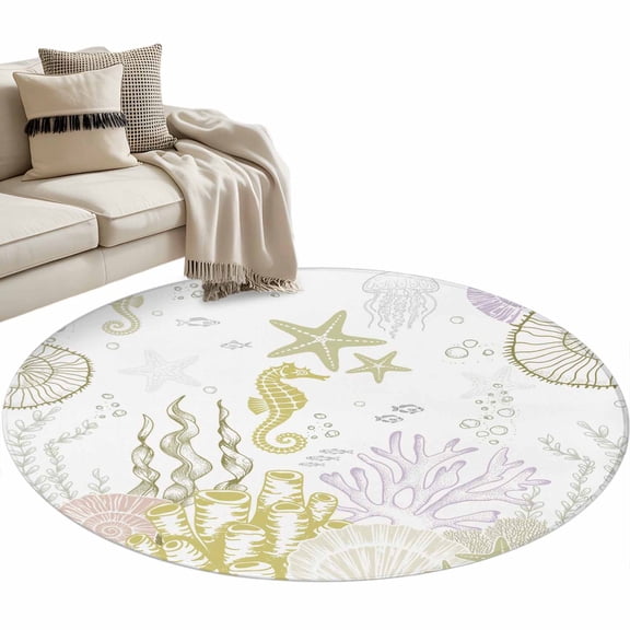 Round Area Rug 3ft Yellow Coral Floor Carpets Indoor Floor Area Mat Stain-Proof Mat Circle Rugs for Living Room Dining Room Kitchen Bedroom, Starfish Seahorse Seahorse Shell Sofa Throw Carpet