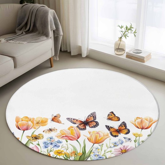 Round Area Rug 3ft Yellow Floral Butterfly Circle Kitchen Mats Non-Slip Blue Flowers Washable Round Carpet for Kitchen Living Room Bedroom Home Decor