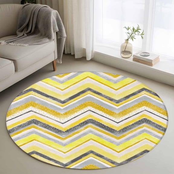 Round Area Rug 3ft, Yellow Gray Gradient Zigzag Stripe Non-Slip Non-Shedding Floor Mat, Nordic Style Abstract Art Washable Sturdy Carpet for Living Room Bedroom Home Decor