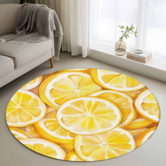 Round Area Rug 3ft,Yellow Lemon Slice Watercolor Washable Carpet Non-Slip Runner Accent Rugs Indoor Floor Mat for Bedroom Living Room Decor,Summer Fruit
