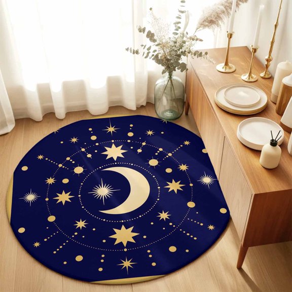 Round Area Rug 3ft,Yellow Moon Star Washable Carpet Non-Slip Runner Accent Rugs Indoor Floor Mat for Bedroom Living Room Decor,Abstract Polka Dot on Dark Blue