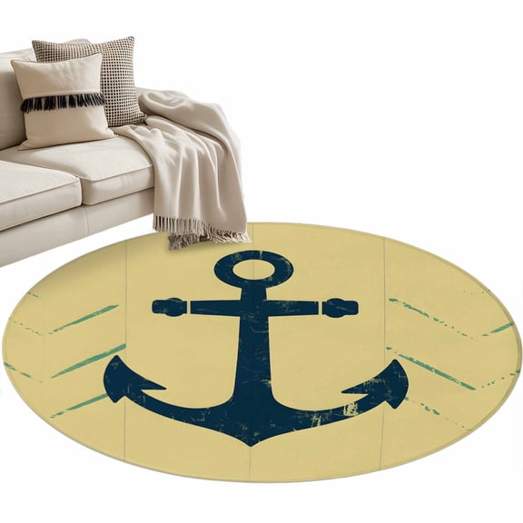 Round Area Rug 3ft Yellow Nautical Anchor Floor Carpets Indoor Floor Area Mat Stain-Proof Mat Circle Rugs for Living Room Dining Room Kitchen Bedroom, Coastal Lines Sofa Throw Carpet