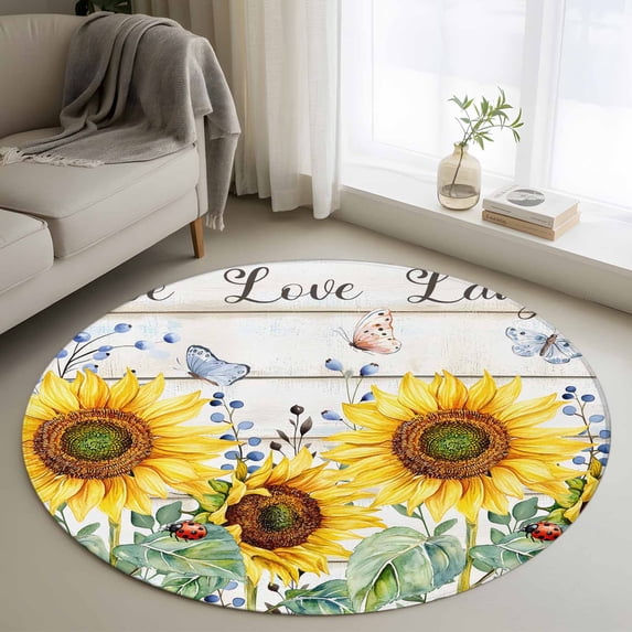 Round Area Rug 3ft,Yellow Sunflower Butterfly Watercolor Leaves Washable Carpet Non-Slip Runner Accent Rugs Indoor Floor Mat for Bedroom Living Room Decor,Farm Wood Grain