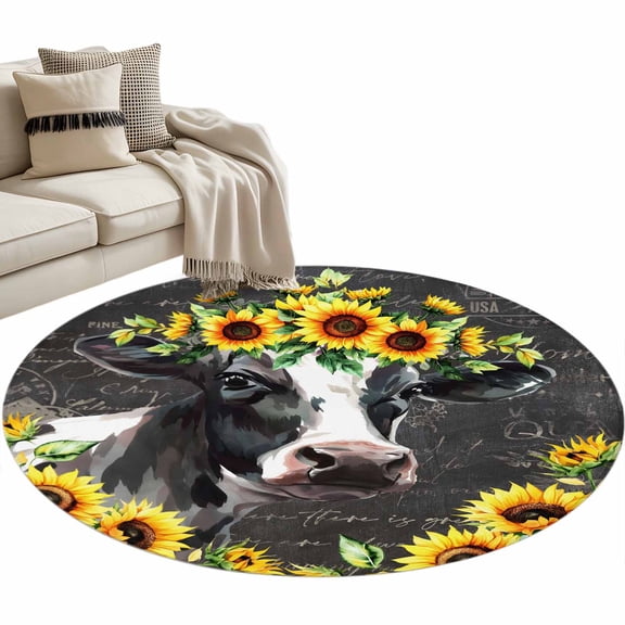 Round Area Rug 3ft Yellow Sunflower Cow Floor Carpets Indoor Floor Area Mat Stain-Proof Mat Circle Rugs for Living Room Dining Room Kitchen Bedroom, Farm Animal Black Text Sofa Throw Carpet