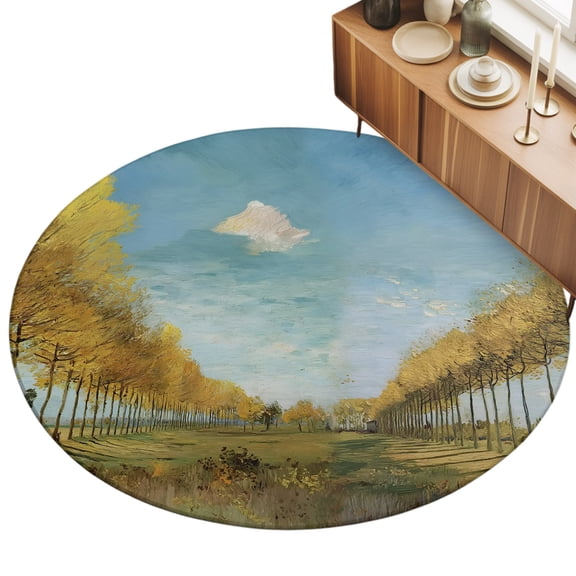 Round Area Rug 3ft Yellow Tree Lined Path Floor Carpets Indoor Floor Area Mat Stain-Proof Mat Circle Rugs for Living Room Dining Room Kitchen Bedroom, Blue Sky Oil Painting Sofa Throw Carpet