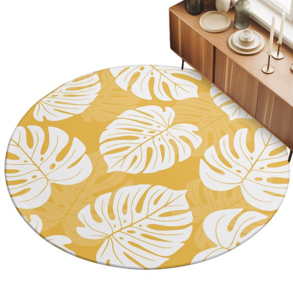 Round Area Rug 3ft Yellow Tropical Monstera Leaves Floor Carpets Indoor Floor Area Mat Stain-Proof Mat Circle Rugs for Living Room Dining Room Kitchen Bedroom, Summer Palm Leaf Sofa Throw Carpet