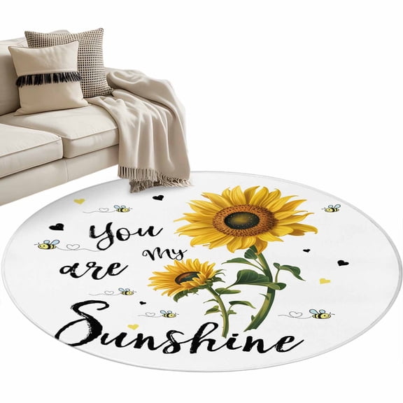 Round Area Rug 3ft You Are My Sunshine Floor Carpets Indoor Floor Area Mat Stain-Proof Mat Circle Rugs for Living Room Dining Room Kitchen Bedroom, Bee Heart Floral Sofa Throw Carpet