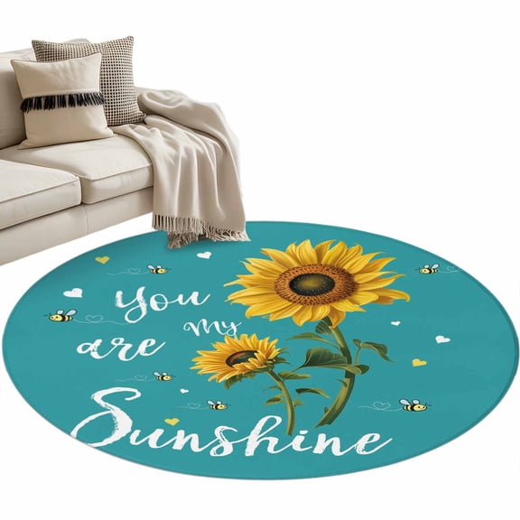 Round Area Rug 3ft You Are My Sunshine Floor Carpets Indoor Floor Area Mat Stain-Proof Mat Circle Rugs for Living Room Dining Room Kitchen Bedroom, Bee Heart Floral Turquoise Sofa Throw Carpet