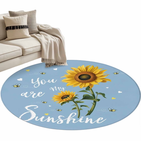 Round Area Rug 3ft You Are My Sunshine Floor Carpets Indoor Floor Area Mat Stain-Proof Mat Circle Rugs for Living Room Dining Room Kitchen Bedroom, Bee Heart Floral Sky Blue Sofa Throw Carpet